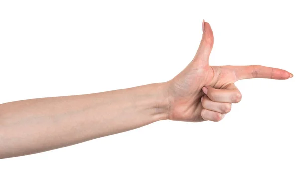 Mãos Caucasianas Femininas Isoladas Fundo Branco Mostrando Gesto Aponta Dedo — Fotografia de Stock