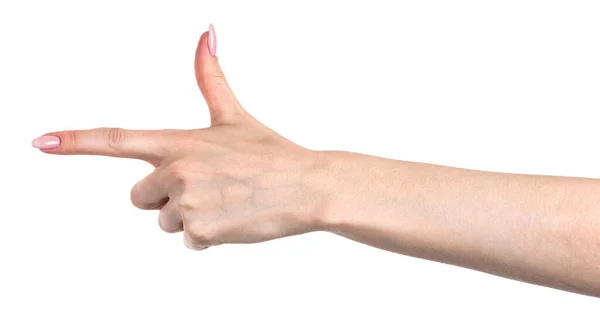 Kobieta Kaukaskie Ręce Odizolowane Białe Tło Pokazujące Gest Wskazuje Palcem — Zdjęcie stockowe