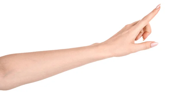 Жіночі Кавказькі Руки Ізольовані Білий Фон Показує Жест Вказує Пальцем — стокове фото