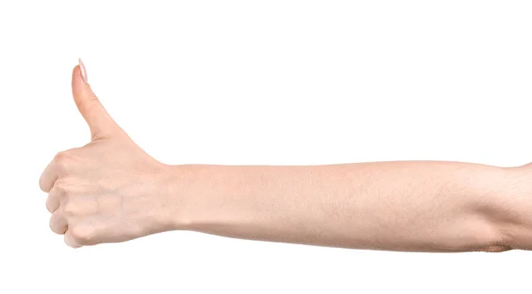 Female Caucasian Hands Isolated White Background Showing Gesture Thumb Approval — Stock Photo, Image