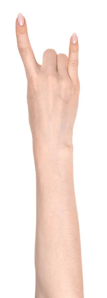 Weibliche Kaukasische Hände Isoliert Weißen Hintergrund Zeigt Ziege Geste Stein — Stockfoto