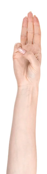Vrouwelijke Blanke Handen Geïsoleerde Witte Achtergrond Tonen Verschillende Vinger Gebaren — Stockfoto