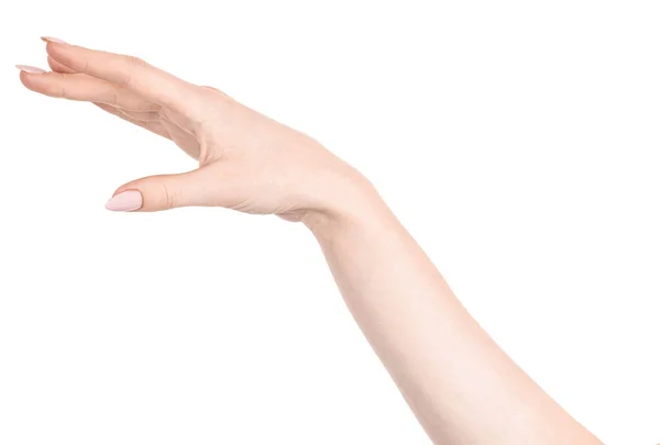 Weibliche Kaukasische Hände Isolierten Weißen Hintergrund Der Verschiedene Fingergesten Zeigte — Stockfoto