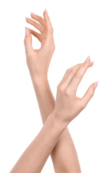 Female Caucasian Hands Isolated White Background Showing Various Finger Gestures — Stock Photo, Image