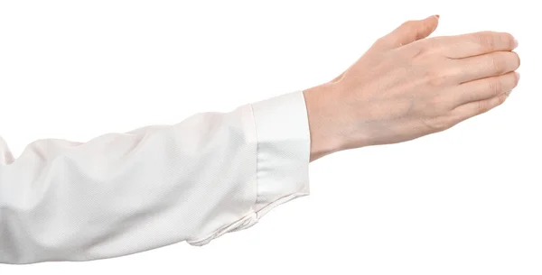 Kobieta Kaukaskie Ręce Białej Bluzce Biurowej Koszulka Odizolowana Biały Gest — Zdjęcie stockowe