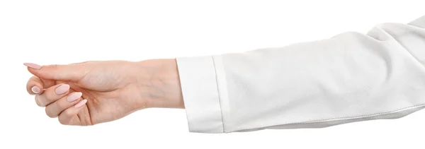 白いオフィスのブラウスに女性の白人女性の手 シャツはアイテムを与え 何かを保持する白い背景ジェスチャーを隔離しました 異なるジェスチャーを示すビジネスオフィススタイルの女性の手 — ストック写真