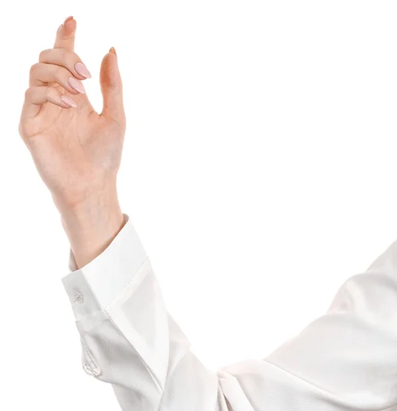 Kobieta Kaukaskie Ręce Białej Bluzce Biurowej Koszulka Odizolowana Biały Gest — Zdjęcie stockowe