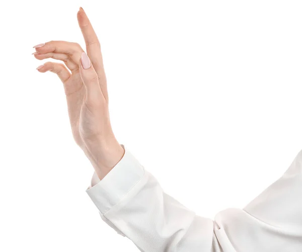 Kobieta Kaukaskie Ręce Białej Bluzce Biurowej Koszulka Odizolowany Biały Gest — Zdjęcie stockowe