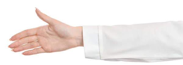 Kobieta Kaukaskie Ręce Białej Bluzce Biurowej Koszulka Odizolowane Białe Tło — Zdjęcie stockowe