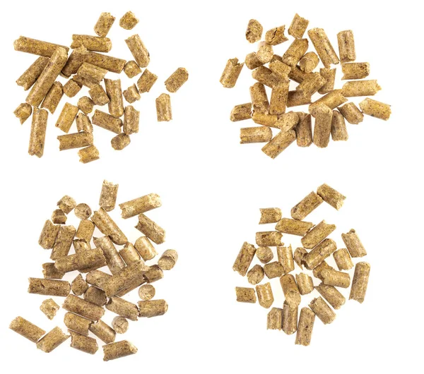 Collage Wood Pellets Isolated White Background Natural Pile Wood Pellets — Stock Photo, Image