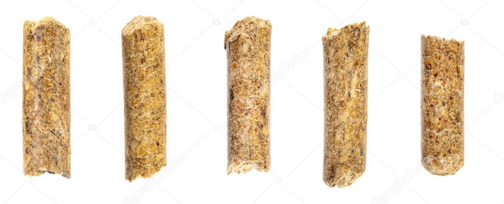 Collage wood pellets  isolated white background. natural pile of wood pellets. organic biofuels texture. Alternative biofuel from sawdust. The cat litter. pile of compressed wood pellets.