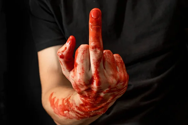 Male Hands Showing Various Gestures Blood Black Background Fuck Middle — Stock Photo, Image