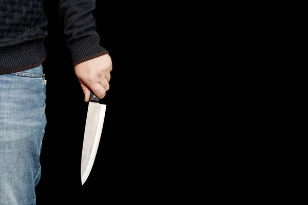 Man Hand Holds Knife Copy Space Black Background Topics Violence — Stock Photo, Image