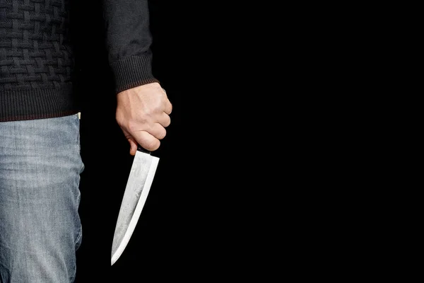 Ember Keze Egy Kést Tart Fekete Háttérrel Erőszak Gyilkosság Témái — Stock Fotó