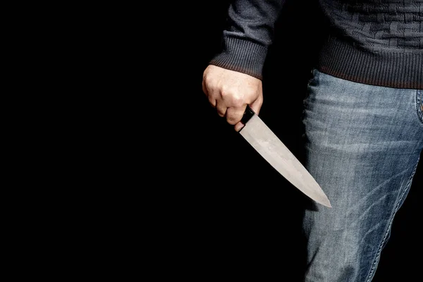 Man Hand Holds Knife Copy Space Black Background Topics Violence — Stock Photo, Image