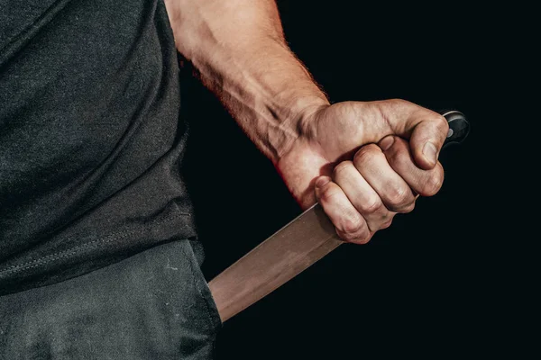 Ręka Mężczyzny Trzyma Nóż Czarnym Tle Tematy Przemocy Morderstw Złodziej — Zdjęcie stockowe
