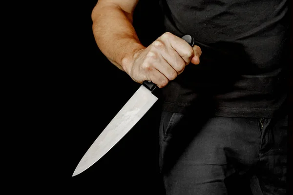 Man Hand Holds Knife Black Background Topics Violence Murder Thief — Stock Photo, Image