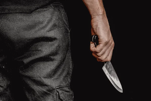 Man Hand Holds Knife Black Background Topics Violence Murder Thief — Stock Photo, Image