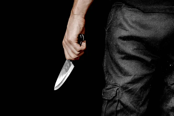 Χέρι Του Ανθρώπου Κρατάει Μαχαίρι Μαύρο Φόντο Θέματα Βίας Και — Φωτογραφία Αρχείου