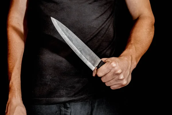 Man Hand Holds Knife Black Background Topics Violence Murder Thief — Stock Photo, Image