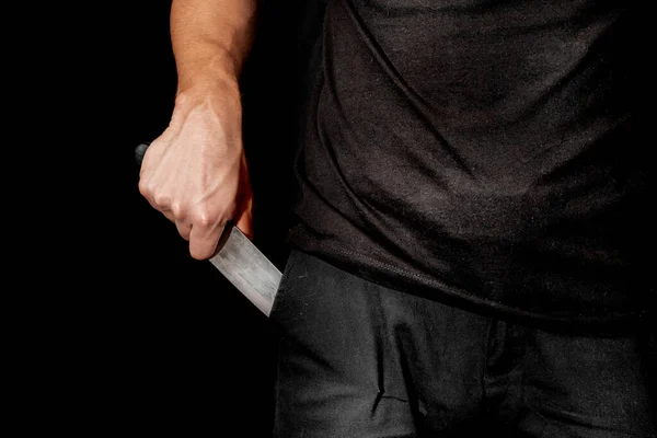 Ręka Mężczyzny Trzyma Nóż Czarnym Tle Tematy Przemocy Morderstw Złodziej — Zdjęcie stockowe