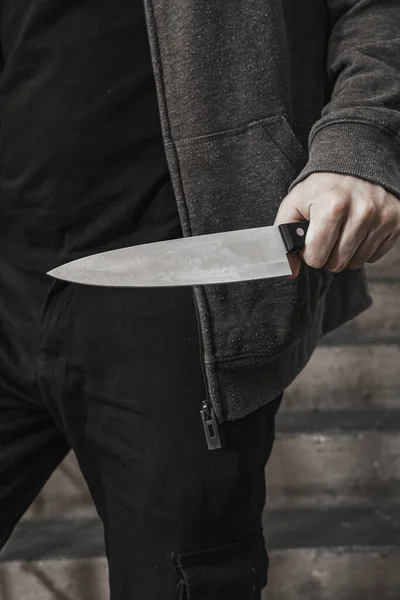 Man Knife Landing Killer Hides Covers Knife Attack Topics Violence — Stock Photo, Image