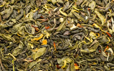 Kuru yeşil çay arkaplan dokusu, kurumuş yaprak yığını primimli Çin yeşil çayları.