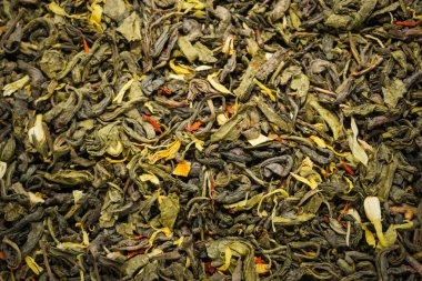 Kuru yeşil çay arkaplan dokusu, kurumuş yaprak yığını primimli Çin yeşil çayları.