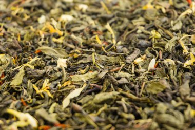 Kuru yeşil çay arkaplan dokusu, kurumuş yaprak yığını primimli Çin yeşil çayları.