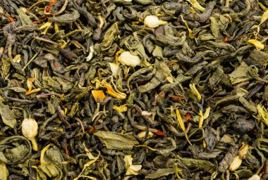 Kuru yeşil çay arkaplan dokusu, kurumuş yaprak yığını primimli Çin yeşil çayları.