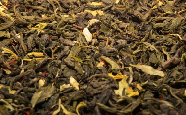 Kuru yeşil çay arkaplan dokusu, kurumuş yaprak yığını primimli Çin yeşil çayları.