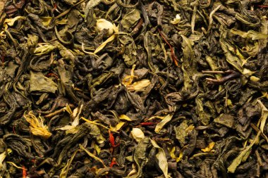 Kuru yeşil çay arkaplan dokusu, kurumuş yaprak yığını primimli Çin yeşil çayları.