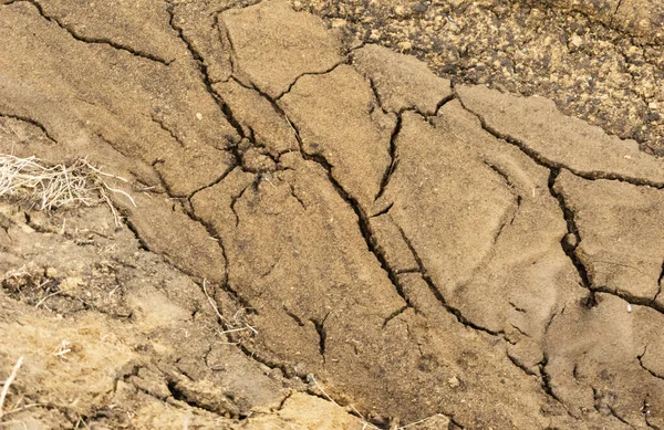 Textura Superfície Argila Rachada Terra Amarela Seca Picada Terra Fissura — Fotografia de Stock