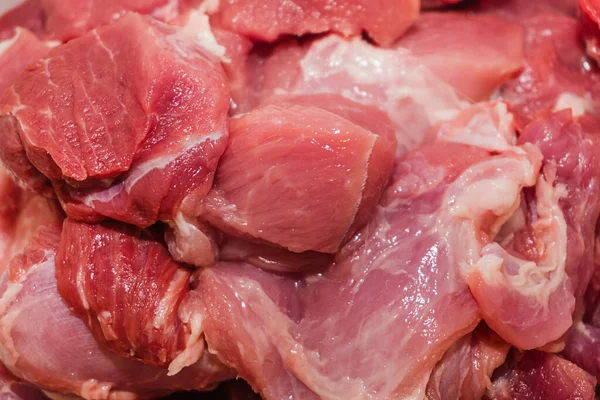 Färska Bitar Kött Konsistens Bakgrund Röda Saftiga Bitar Kött Närbild — Stockfoto