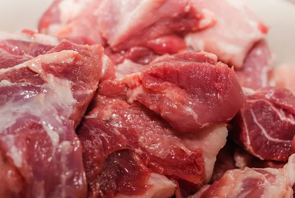 Färska Bitar Kött Konsistens Bakgrund Röda Saftiga Bitar Kött Närbild — Stockfoto