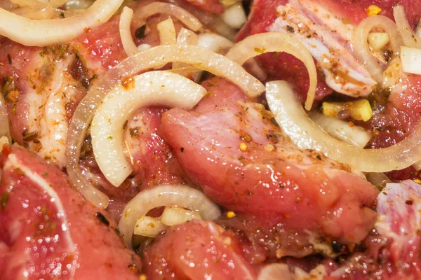 Pedaços Carne Fresca Marinada Com Cebolas Especiarias Para Prato Carne — Fotografia de Stock