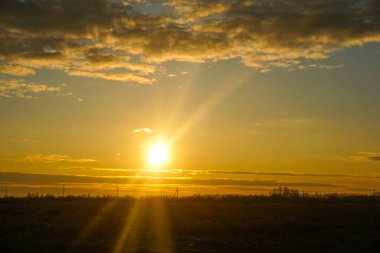 Tarlada sıcak bir akşamda gün batımı, yaz manzarası