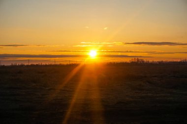 Tarlada sıcak bir akşamda gün batımı, yaz manzarası