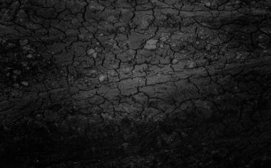 Siyah çatlamış gri toprak dokusu arka plan, koyu ve doğranmış gri toprak, eski çatlak karanlık zemin, yakın plan, erozyon