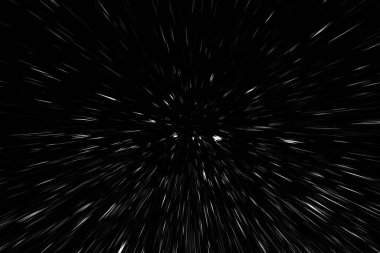 Siyah arkaplan üzerindeki Bokeh beyaz çizgileri, soyut hız ışık hareketi bulanık dokusu, parçacık veya uzay yolculuğu, siyah ve beyaz ekstrüzyon etkisi