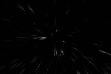 Siyah arkaplan üzerindeki Bokeh beyaz çizgileri, soyut hız ışık hareketi bulanık dokusu, parçacık veya uzay yolculuğu, siyah ve beyaz ekstrüzyon etkisi