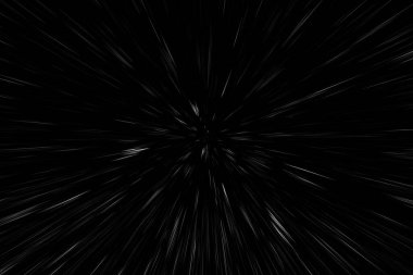 Siyah arkaplan üzerindeki Bokeh beyaz çizgileri, soyut hız ışık hareketi bulanık dokusu, parçacık veya uzay yolculuğu, siyah ve beyaz ekstrüzyon etkisi