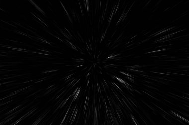 Siyah arkaplan üzerindeki Bokeh beyaz çizgileri, soyut hız ışık hareketi bulanık dokusu, parçacık veya uzay yolculuğu, siyah ve beyaz ekstrüzyon etkisi