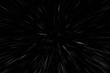 Siyah arkaplan üzerindeki Bokeh beyaz çizgileri, soyut hız ışık hareketi bulanık dokusu, parçacık veya uzay yolculuğu, siyah ve beyaz ekstrüzyon etkisi