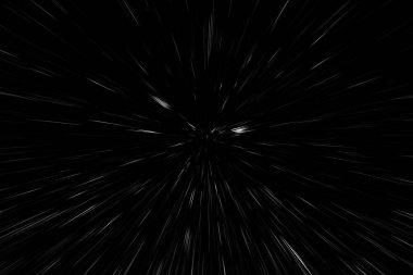 Siyah arkaplan üzerindeki Bokeh beyaz çizgileri, soyut hız ışık hareketi bulanık dokusu, parçacık veya uzay yolculuğu, siyah ve beyaz ekstrüzyon etkisi