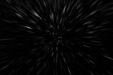 Siyah arkaplan üzerindeki Bokeh beyaz çizgileri, soyut hız ışık hareketi bulanık dokusu, parçacık veya uzay yolculuğu, siyah ve beyaz ekstrüzyon etkisi