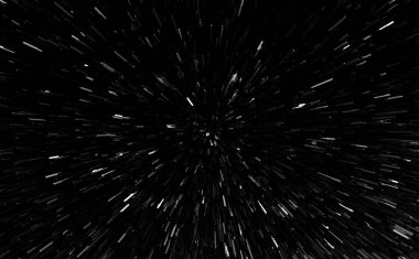 Siyah arkaplan üzerindeki Bokeh beyaz çizgileri, soyut hız ışık hareketi bulanık dokusu, parçacık veya uzay yolculuğu, siyah ve beyaz ekstrüzyon etkisi