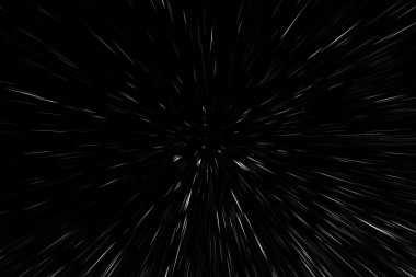 Siyah arkaplan üzerindeki Bokeh beyaz çizgileri, soyut hız ışık hareketi bulanık dokusu, parçacık veya uzay yolculuğu, siyah ve beyaz ekstrüzyon etkisi