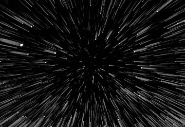 Siyah arkaplan üzerindeki Bokeh beyaz çizgileri, soyut hız ışık hareketi bulanık dokusu, parçacık veya uzay yolculuğu, siyah ve beyaz ekstrüzyon etkisi, illüstrasyon