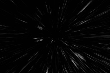 Siyah arkaplan üzerindeki Bokeh beyaz çizgileri, soyut hız ışık hareketi bulanık dokusu, parçacık veya uzay yolculuğu, siyah ve beyaz ekstrüzyon etkisi, illüstrasyon
